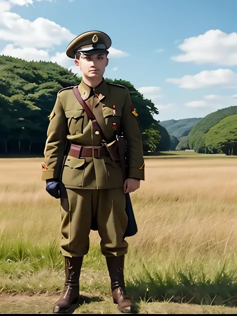 arafed soldier with a sword and shield standing in a field, girls' last tour, screenshot from the anime film, screenshot from a 2012s anime, mario as a world war i soldier, style of red line anime movie, still from anime, in the anime film, japan soldier i...