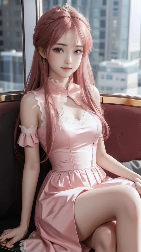 ultra high definition, 8K quality, a girl, happy, very long hair, delicate eyes, Very beautiful dress, pink skirt, sitting position, whole body capture,