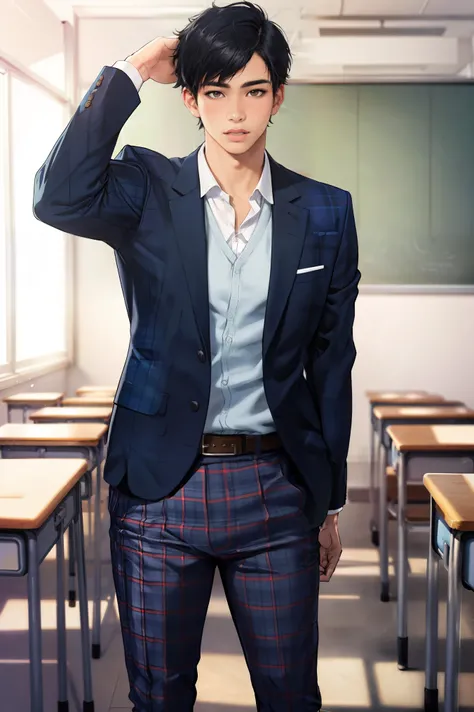  high resolution,  one boy, solo, Full view from head to toe, front, upright, student,  short hair ,  black hair,  realistic skin and texture , Blue blazer,red plaid trousers,School classroom,  realism ,