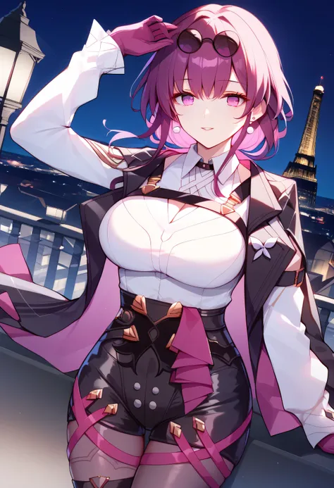 score_9, score_8_upper, score_7_upper, high quality ,masterpiece ,最high quality ,One girl , Beautiful Skin ,kfka, purple eyes, purple hair, bangs, sidelocks, eyewear on head, earrings, white shirt, collared shirt, long sleeves, black jacket, jacket on shou...