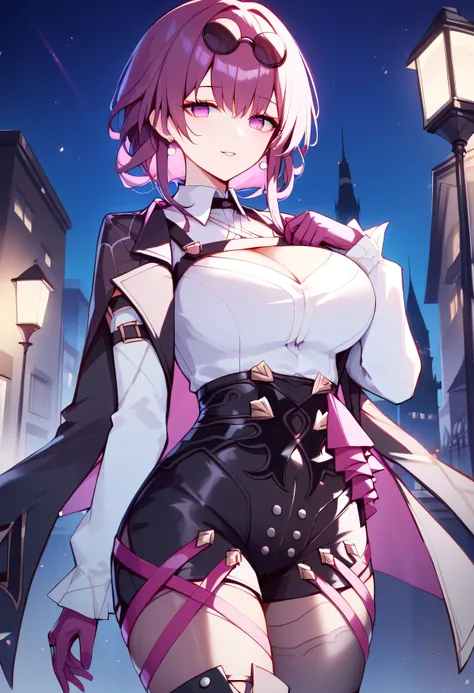 score_9, score_8_upper, score_7_upper, high quality ,masterpiece ,最high quality ,One girl , Beautiful Skin ,kfka, purple eyes, purple hair, bangs, sidelocks, eyewear on head, earrings, white shirt, collared shirt, long sleeves, black jacket, jacket on shou...