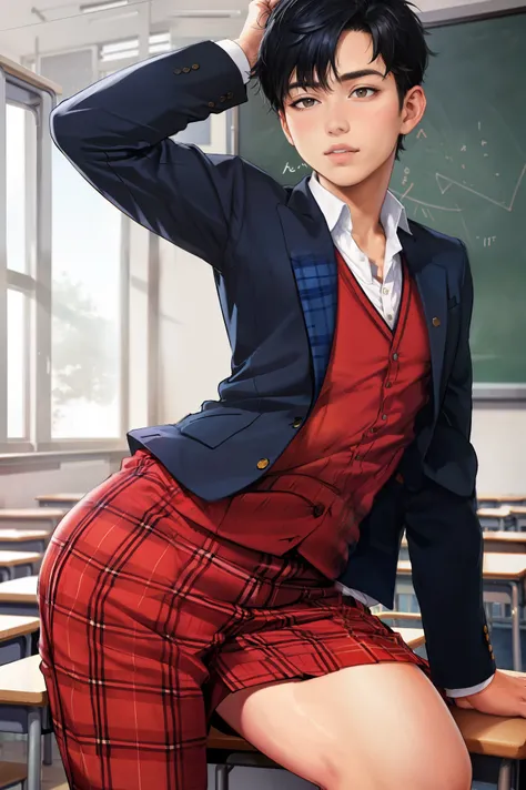  high resolution,  one boy, solo, Full view from head to toe, front, upright, student,  short hair ,  black hair,  realistic skin and texture , Blue blazer,red plaid trousers,School classroom,  realism ,