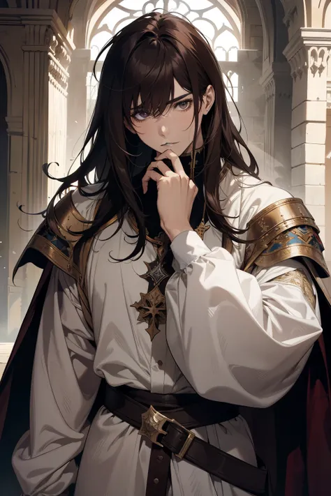 1 man, AS-Adult, Messy dark brown hair and bangs, Principle,  White clothes, beautiful, dispassionate, The beautiful, Condescending, weight loss, in a castle,  MEDIEVAL FANTASY 