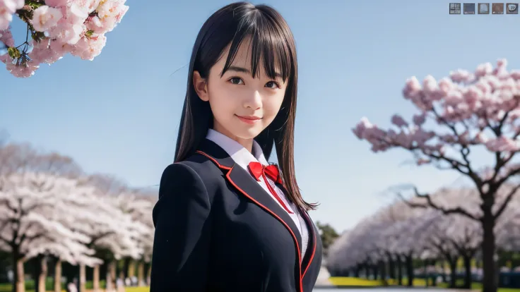 (Face shot of one slender small breasts dark silver long hair with swept bangs girl in a black blazer uniform with a red trimmed collar and black skirt:1.5)、(A girl is looking back in the park with small smile:1.5)、(Uniform with a black blazer and a black ...