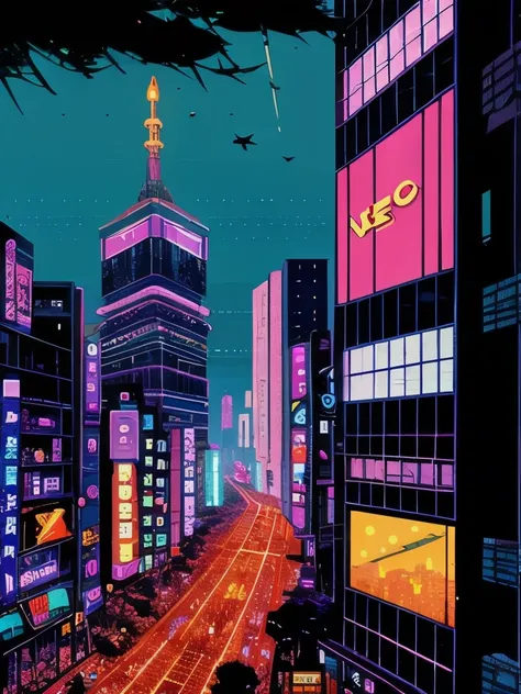 a close up of a city with a street and a building, neo - tokyo, neo-tokyo, by Kilian Eng, inspired by Kilian Eng, neo tokyo background, neo tokyo, by Chris Moore, anime style cityscape, 2099 neo-tokyo, a cyberpunk cityscape, ( ( ( ( ( dan mumford ) ) ) ) )