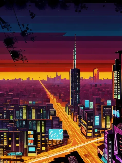 a close up of a city with a street and a building, neo - tokyo, neo-tokyo, by Kilian Eng, inspired by Kilian Eng, neo tokyo background, neo tokyo, by Chris Moore, anime style cityscape, 2099 neo-tokyo, a cyberpunk cityscape, ( ( ( ( ( dan mumford ) ) ) ) )