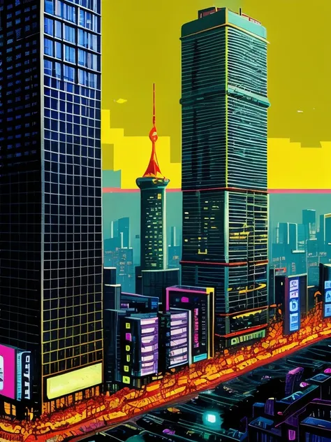 a close up of a city with a street and a building, neo - tokyo, neo-tokyo, by Kilian Eng, inspired by Kilian Eng, neo tokyo background, neo tokyo, by Chris Moore, anime style cityscape, 2099 neo-tokyo, a cyberpunk cityscape, ( ( ( ( ( dan mumford ) ) ) ) )