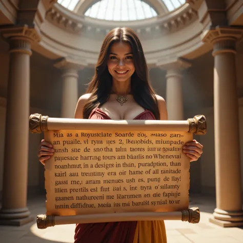 A hyper-realistic ultra wide scenery image shot of a prehistoric beautifully anciently rome female minister holding a big papyrus ideogram latin script, symmetrically balanced in image composition. The beautifully ancient minister is depicted in a full bod...