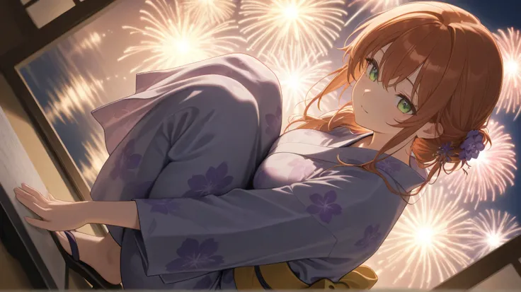 Masterpiece, best quality ,  high resolution, fireworks , Orange brown hair,  hair gathered at the back , purple floral yukata,  D cup breasts,  green eyes,  Dutch angle,  squatting in front of the blackboard,  girl reflected on the surface of the water , ...