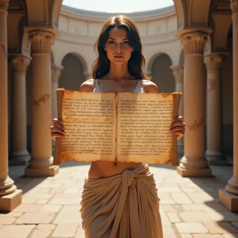 A hyper-realistic ultra wide scenery image shot of a prehistoric beautifully anciently rome female minister holding a big papyrus ideogram latin script, symmetrically balanced in image composition. The beautifully ancient minister is depicted in a full bod...