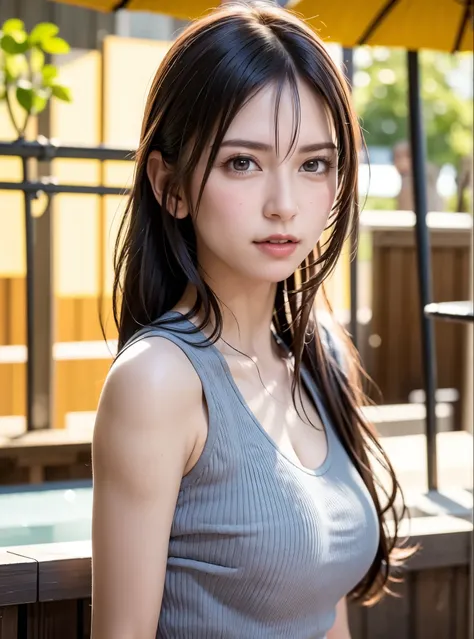 (extremely detailed CG unity 8k wallpaper), photo of the most beautiful artwork in the world, 8k uhd, realistic photo, a photo of 22 year girl wearing High-waisted shorts and a tucked-in tank top, High Ponytail with Scarf ,A stall in the fruit market with ...