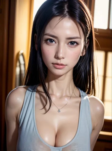 (in 8K, top-quality, ​masterpiece:1.2), (realisitic, Photorealsitic:1.37), ultra-detailliert, Natural sunlight, mideum breasts, I can see the cleavage, 1 persons, 25 year old woman, Dark hair, Pendants, Torn shorts, Light Knit V-Neck Shirt, At the time of ...