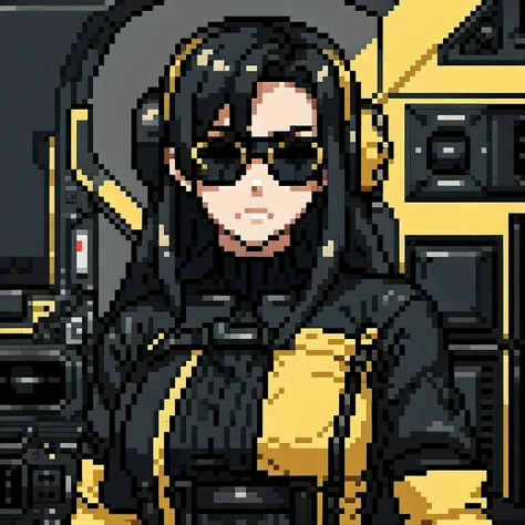 wearing gold frame reflective sunglasses {x} cyberpunk, black,  ，Focus