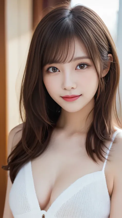 masterpiece、 best quality、 super A high resolution、(A hyper-realistic)、Highlight Resolution、 very detailed、 1 beautiful girl 、Age 25、 super beauty 、 detailed face、 (smile:1.2)、 beautiful detailed eyes 、Swollen eyes、 beautiful skin、( tea hair:1.2)、 Medium S...