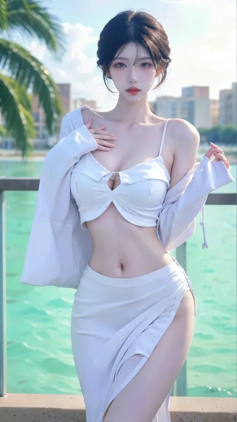  A beautiful woman with a perfect figure ：1.4， cascading hairstyle ，Prominent cleavage，bikini：1.5，Ultra short pleated skirt ，whole body，Big breasts，Big Breasts：1.8， Highly detailed facial and skin textures， Double eyelids，Skin Whitening，Long black hair