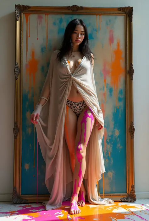 Woman wrapped in tight transparent shawl sweat bands bare foot in tight collar and skin wet with colored paint dripping paint on floor stepping out of a painting frame outfit matches wall art  