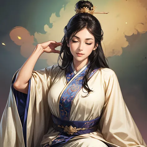 ((Create an image from the top of the head to the thigh)), Three Kingdoms illustration , Female solo, Beautiful Woman, beautiful face , perfect hand , ( black hair ), sexy expression , Hana's expression with her eyes closed, wink your eyes, excited...