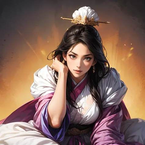 ((Create an image from the top of the head to the thigh)), Three Kingdoms illustration , Female solo, Beautiful Woman, beautiful face , perfect hand , ( black hair ), sexy expression , excited expression, Various facial expressions, various poses, s...