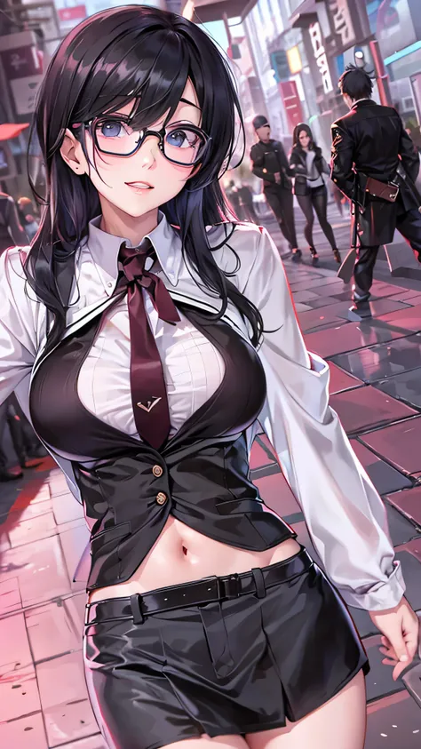  anime cell painting style ,  best quality,  high resolution, 1 girl in the best, Minaka Takhizul, (  black hair:1.1), (紫色の目:0.7), ( Black Eyewear:1.3), (Big Breasts:1.2), Chest,  black jacket,  black suit 