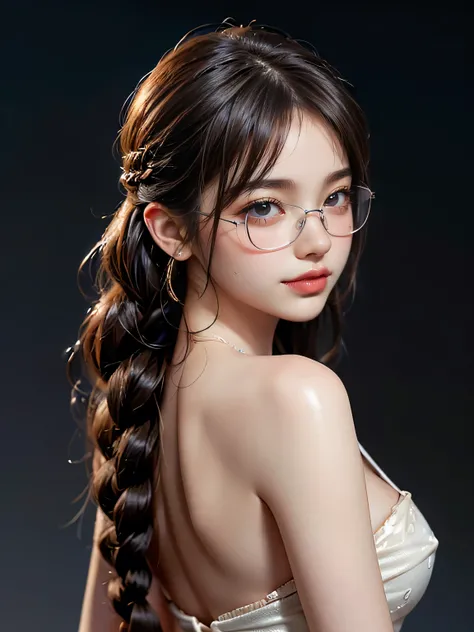 (from behind:1.3),solo,20years old,(tea thin shiny single braid),diagonal bangs,(glasses),slim body,cute russian lady,girlish,full of femininity,(greek nose,slim body,medium breasts),good model pose:1.3,(big lively black eyes,tareme:1.3,innocent eyes),(dou...