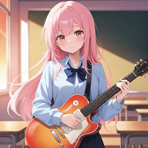after school、A high school girl band playing guitar in front of students in a classroom where the red sunset shines 、High school girl band playing guitar in front of students
