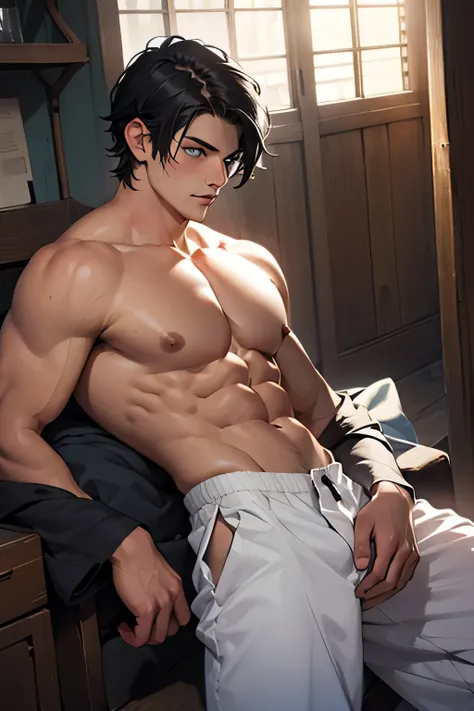 A man, black hair, short hair, no clothes, defined body, broad chest, blue eyes