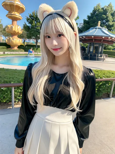 (Masterpiece, Top Quality, 8K Quality), Realistic Photography, Perfect Human Structure, Perfect Physics, Japanese Young Adult Female, One Person, KPOP Idol Style Face, Smiling, Clear Skin, Natural Texture Skin, Perfect Hands, (((Platinum Blonde Hair))), Lo...