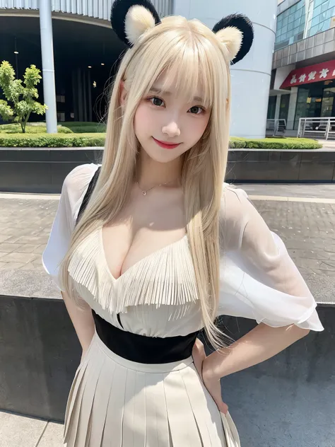 (Masterpiece, Top Quality, 8K Quality), Realistic Photography, Perfect Human Structure, Perfect Physics, Japanese Young Adult Female, One, KPOP Idol Style Face, Smiling, Clear Skin, Natural Texture Skin, (((Platinum Blonde Hair))), Long Hair, Transparent B...