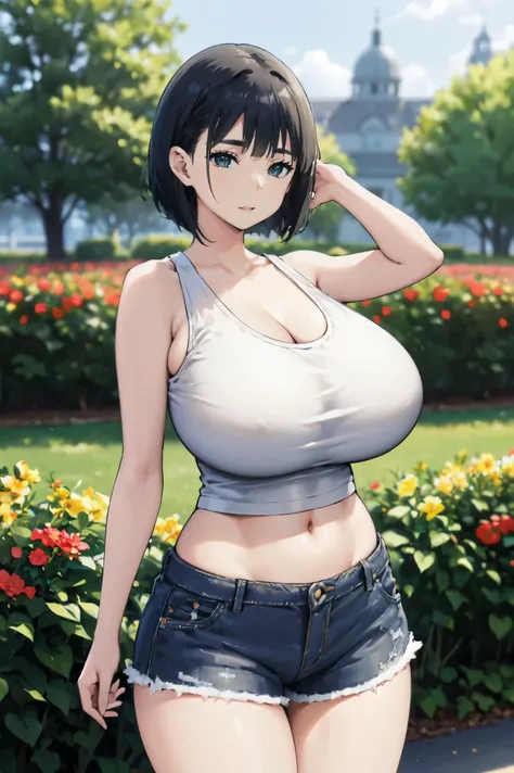 black  hair, (((huge tits  )))  , ((white tank top, short pants jeans, )), thick, ((busty)), green eyes, navel, upperbody, smile, legs, thigh, flower garden, short hair