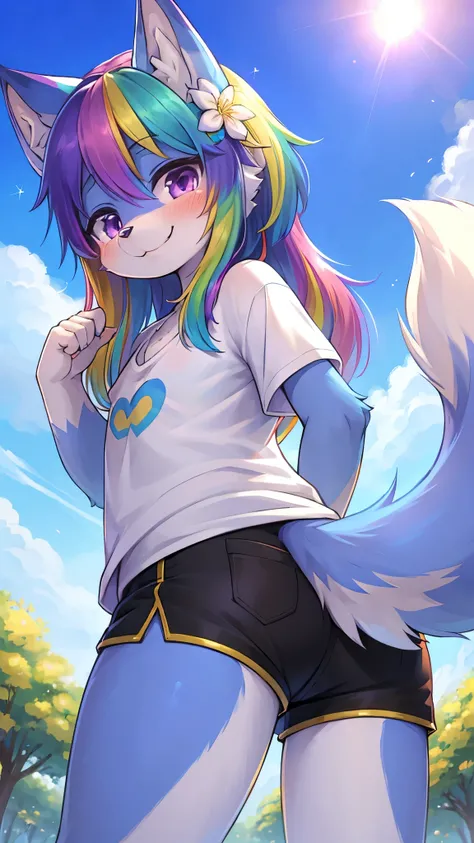 best quality,best resolution,(fluffy anthro furry :1.6),(young girl : 1.8),cat girl,tomboy,(flat chest :1.6),(rainbow hair :1.4),(very long hair),(messy hair),(purple eyes),round moist eye,glistering eyes,sparkle eyes,(blue fur :1.6),(black shorts),(white ...