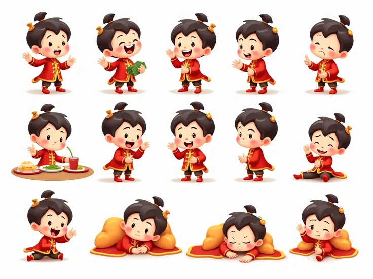 Create a series of 16 high-resolution, detailed images featuring a cute  with Chinese features, such as a chubby face, small eyes, and a playful expression, in a cartoon style. The boy is cheerful and mischievous, full of energy and playfulness. His outfit...