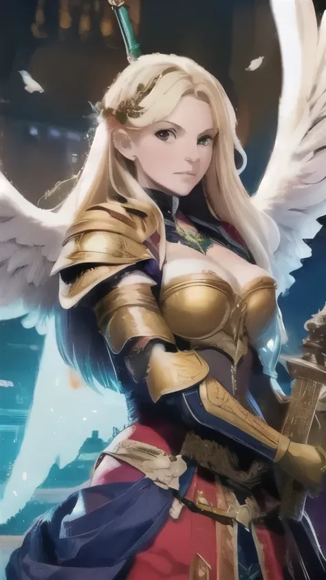 strong angel with heavenly armor, with shield sword, seven wings, ready for battle  