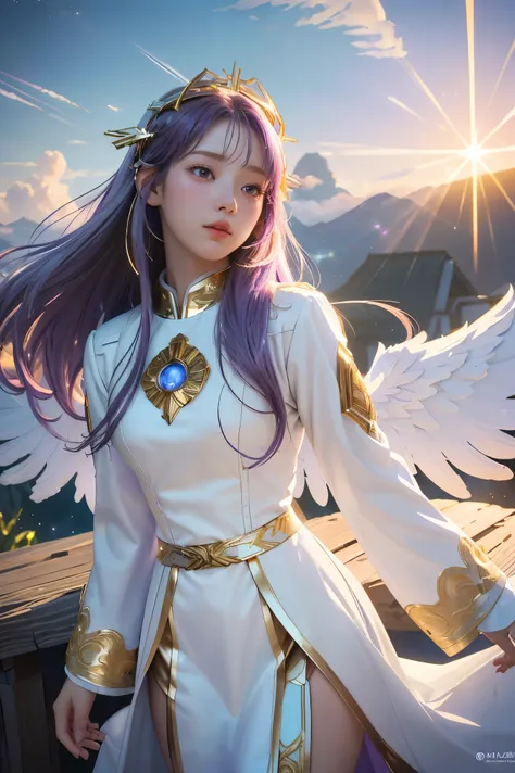 ((masterpiece, best quality, extremely detailed), volumetric lighting, ambient occlusion, colorful, glowing), 1girl, solo, young girl, (purple hair), long hair, halo, aura, sacred, goddess, cleric suit, (white outfit with gold detailst:1.3), angel wings, o...