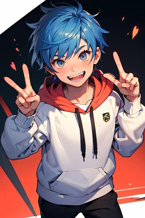 Blue Hair、cowboy  shot、　boy 、　 cute、Short 、　Naughty、　Put out your jagged teeth and smile、 small、thin、 elementary school students、 boys、 peace sign、 hoodie