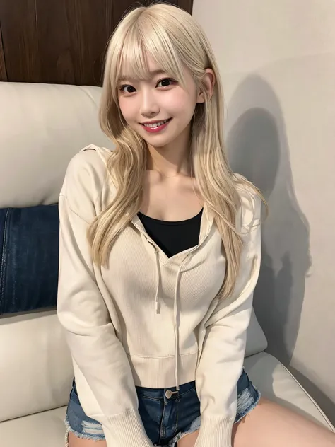 (Masterpiece, Top Quality, 8K Quality), Realistic Photography, Perfect Human Structure, Perfect Physics, Japanese Young Adult Female, One, KPOP Idol Style Face, Toothy Smile, Cute Smile, Clear Skin, Natural Textured Skin, Perfect Hands, (((Platinum Blonde ...