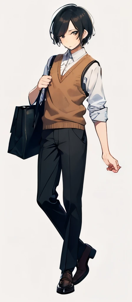 {best quality}, {{masterpiece}}, {highres}, illustration, solo, sharp focus, {{total body}}, full body, {{standing}}, {{toe}}, man, 1guy, 20 years old, black hair, black eyes, simple background, {{wearing brown sweater vest}}, brown shoes, {{holding a bag}...