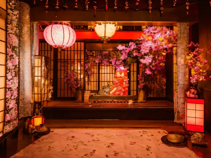 "A luxurious Japanese-style room with no people, designed with traditional elegance and vibrant colors. The walls are decorated with red and black panels featuring intricate gold wave patterns and floral motifs. The ceiling displays ornate circular designs...