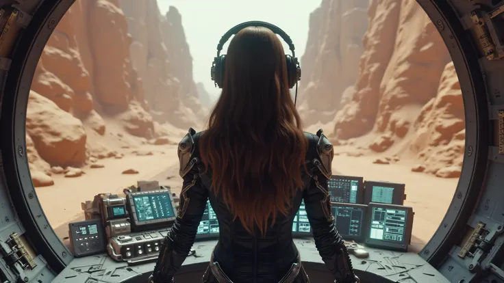 Ultrarealistic, photorealistic scene with global lighting . A young woman of European appearance , headphones in a sophisticated futuristic costume in the style of cyberpunk and retrofuturism, with their backs to the viewer. Dark gray suit with metal...