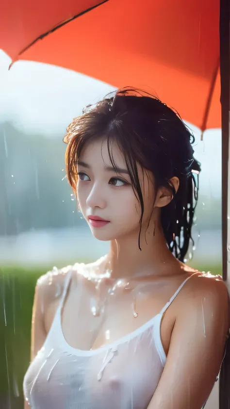 ( best quality, 4K, masterpiece :1.3),  Beautiful Woman,  One Girl,  sexy :1.1,  Korean Idol、 thick brown hair: 1.1, (  wet in the rain, raindrop,  wet body :1.2),  white tank top , Highly detailed faces,  detailed lips , fine grain,  double eyelids 