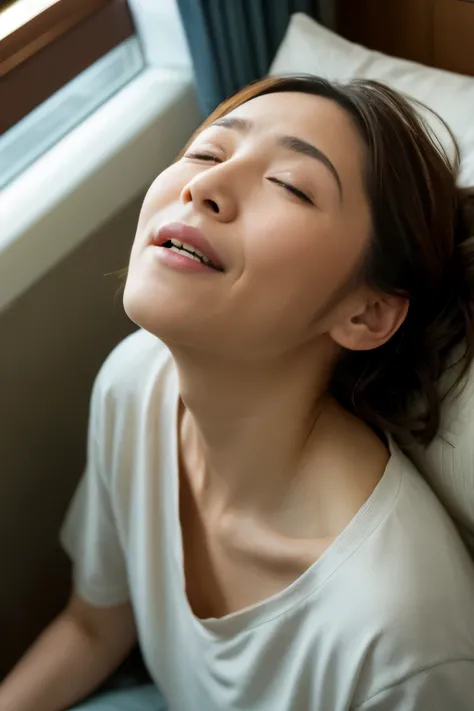   best quality ,   Ultra Fine, (  Ishihara Satomi ),   IN A HOTEL ROOM ,    sit on the bed  , (([[Insert、Deep joy、  severe pain  、Ecstatic Eyes :1.2, （  top view  :1.5）、fear, (( close your eyes and take a deep breath :1.2)),   ecstatic face、  climax expres...