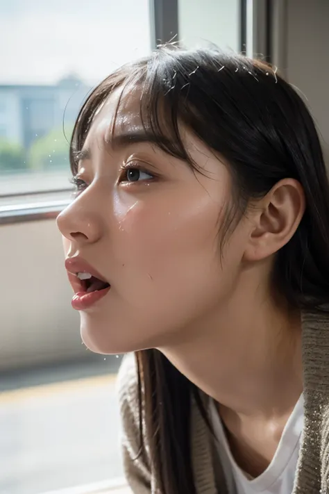   Beautiful Japanese Actress、  1 girl,bangs、Flying debris,,  Award-winning photos  ,   very detailed,  faces ,   big double eyes(   women who open their mouths and close their eyes   ), 1、bangs、    shiny skin、(((  face close-up)))、Realistic nostrils、 Train...