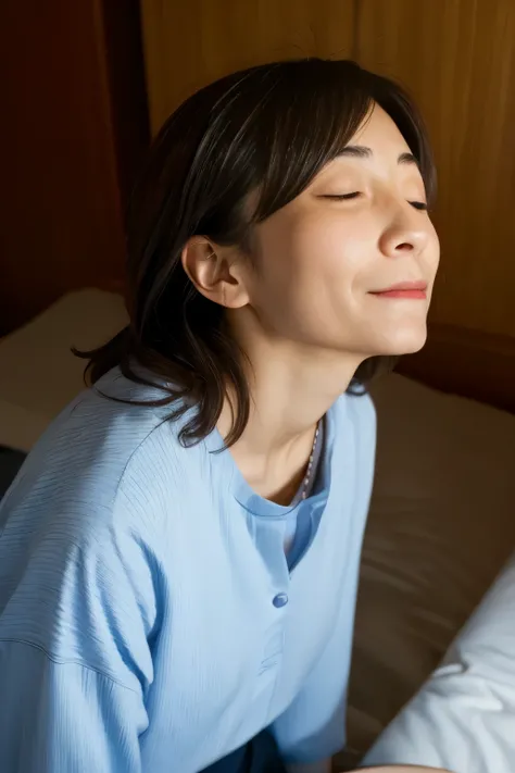   best quality ,   Ultra Fine, (  Ishihara Satomi ),   IN A HOTEL ROOM ,    sit on the bed  , (([[Insert、Deep joy、  severe pain  、Ecstatic Eyes :1.2, （  top view  :1.5）、fear, (( close your eyes and take a deep breath :1.2)),   ecstatic face、  climax expres...