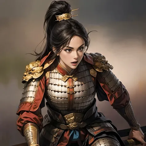 ((Create an image from the top of the head to the thigh)), Three Kingdoms illustration , Female solo, Beautiful Woman, beautiful face , perfect hand , ( black hair ), sexy expression , excited expression, Various facial expressions, various poses, s...