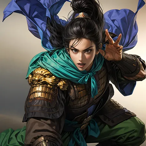 ((Create an image from the top of the head to the thigh)),  Three Kingdoms illustration , Female solo,  Beautiful Woman,  beautiful face ,  perfect hand , ( black hair ),  sexy expression ,  excited expression, Various facial expressions,  various poses, s...