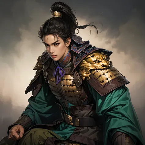 ((Create an image from the top of the head to the thigh)),  Three Kingdoms illustration , Female solo,  Beautiful Woman,  beautiful face ,  perfect hand , ( black hair ),  sexy expression ,  excited expression, Various facial expressions,  various poses, s...