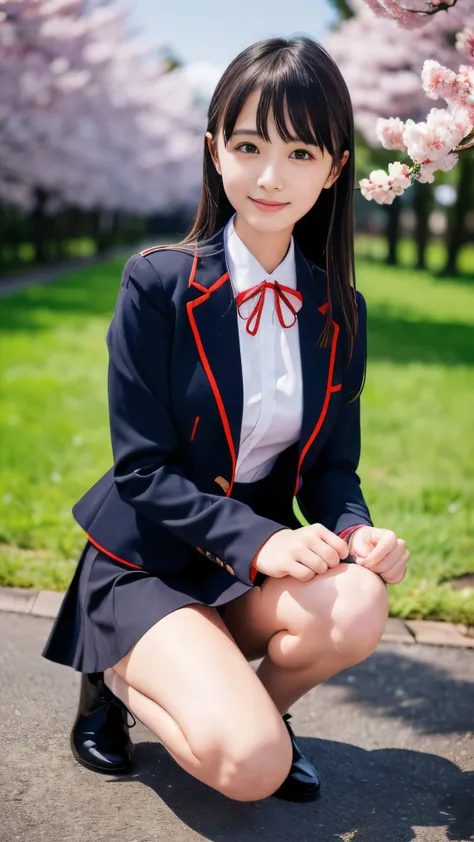 (Face shot of one slender small breasts dark silver long hair with swept bangs girl in a black blazer uniform with a red trimmed collar and black skirt:1.5)、(A girl is kneeling in the park with small smile:1.5)、(Uniform with a black blazer and a black skir...