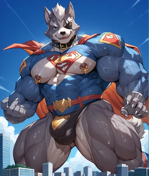 (kemono, bara), wolf o'donnell, tail, looking at viewer, black eye patch, hero pose, really huge bulge, black thong, sweat drops, muscular, veiny skin masterpiece, sweat, smile, bedroom eyes, high quality, absurd res, digital painting, huge chest, gold nip...