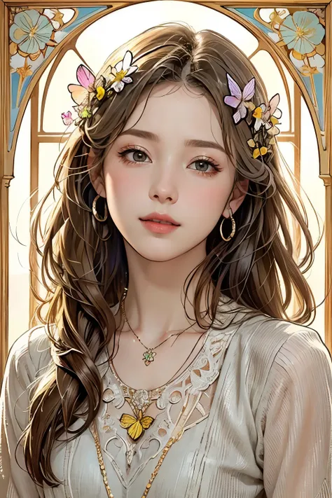 (oil painting of a beautiful woman), rough brushstrokes, focus on face, (calm and gentle small smile), (loosely curled and almost straight medium length silvery grey or light brown hair), small floral hair ornament, (close up), shiny skin, shiny lips, (cas...