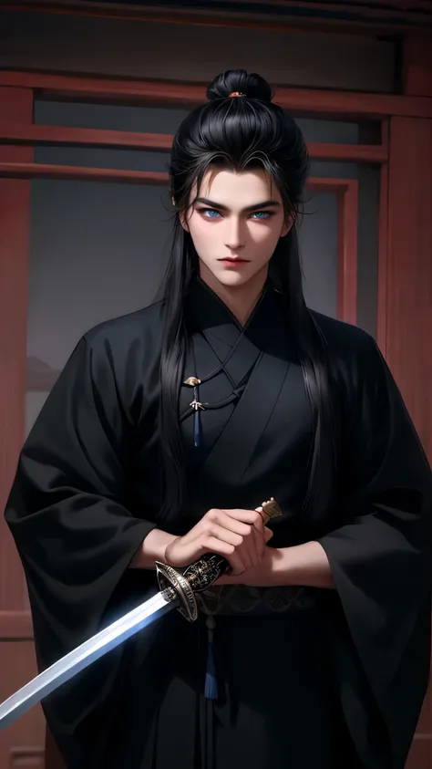  A handsome young man wearing an ancient Chinese dress ,  a black ancient Chinese dress from the Han dynasty, Long hair, A completely black grandmother ,  His face is handsome , sharp, Bold eyebrows, Big eyes, , a famous white nose .A warrior, he holds a s...