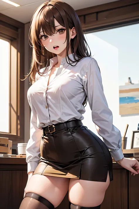  adult woman, Alone,  sexy, 8k resolution,(( best quality)),  super high resolution, ( highest resolution ), ( brown eyes),  beautiful symmetrical face  , (  Long Golden Hair ), cardigan, mini tight skirt ,white office shirt, stockings, is present:1.4, is ...